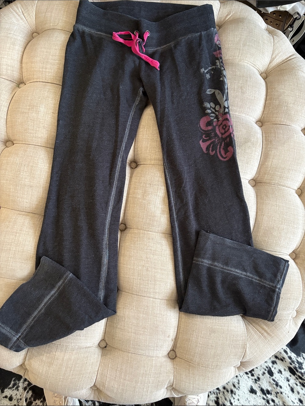 Womens vintage Black Joggers with Pink Floral Detail